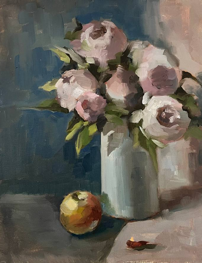 Peonies and Apple painting by Lana Zueva