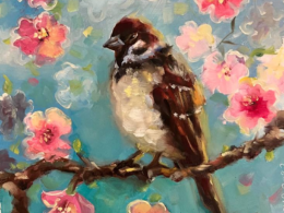 Sparrow on the Blooming Cherry paining by Lana Zueva