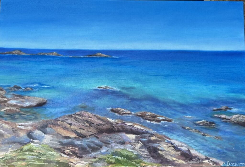 is an exploration of the boundless and captivating nature of the sea. This painting aims to capture the vastness and the serenity of the ocean, reflecting its endless horizons and its soothing embrace. "Infinite Blue" is not just a depiction of the sea but a meditation on the sense of freedom and peace that the ocean inspires. Through this work, I hope to share a moment of calm and contemplation, encouraging viewers to reflect on their own connections to the natural world and the infinite beauty that it holds.